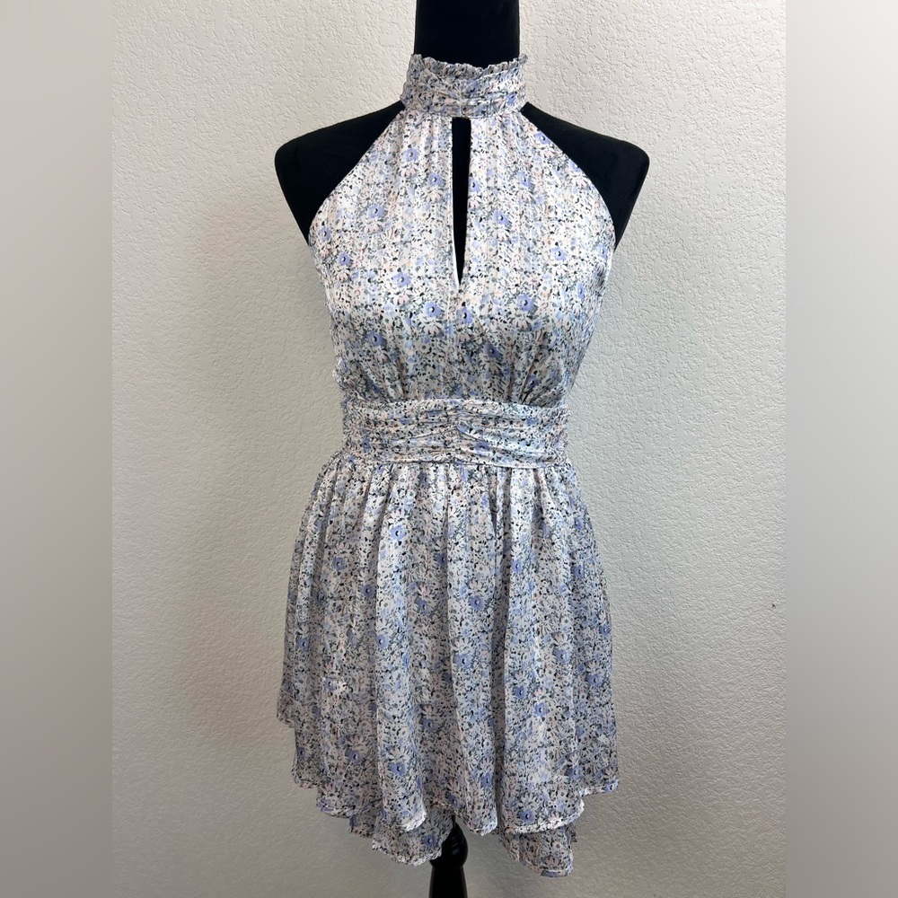 Lulus Always Glittering Ivory Floral Print Mock Sleeveless Mini Dress Size XS